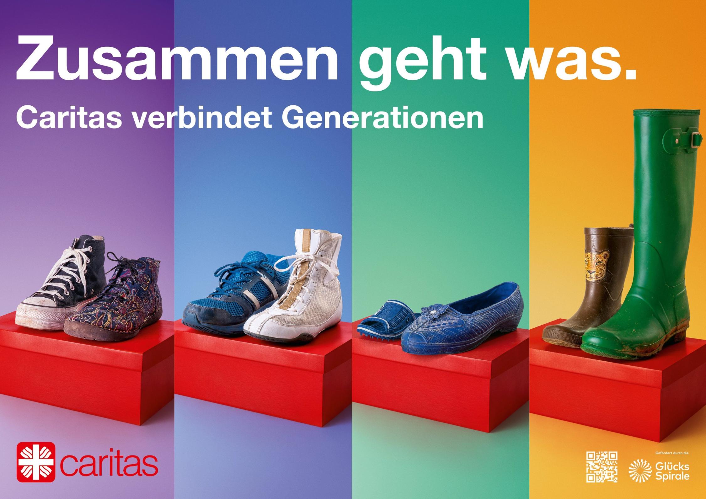 Verschiedene Schuhe für alle Altersgruppen auf buntem Hintergrund.
